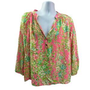 Lilly Pulitzer Elsa Silk Top, Roxie Pink Floral Long Sleeve Blouse Size Large
